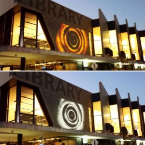 Video version of Shadow Blisters projected onto Helensvale Public Library